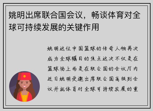 姚明出席联合国会议，畅谈体育对全球可持续发展的关键作用