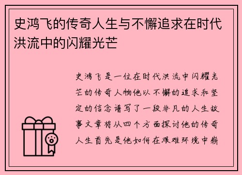 史鸿飞的传奇人生与不懈追求在时代洪流中的闪耀光芒