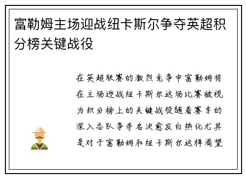 富勒姆主场迎战纽卡斯尔争夺英超积分榜关键战役